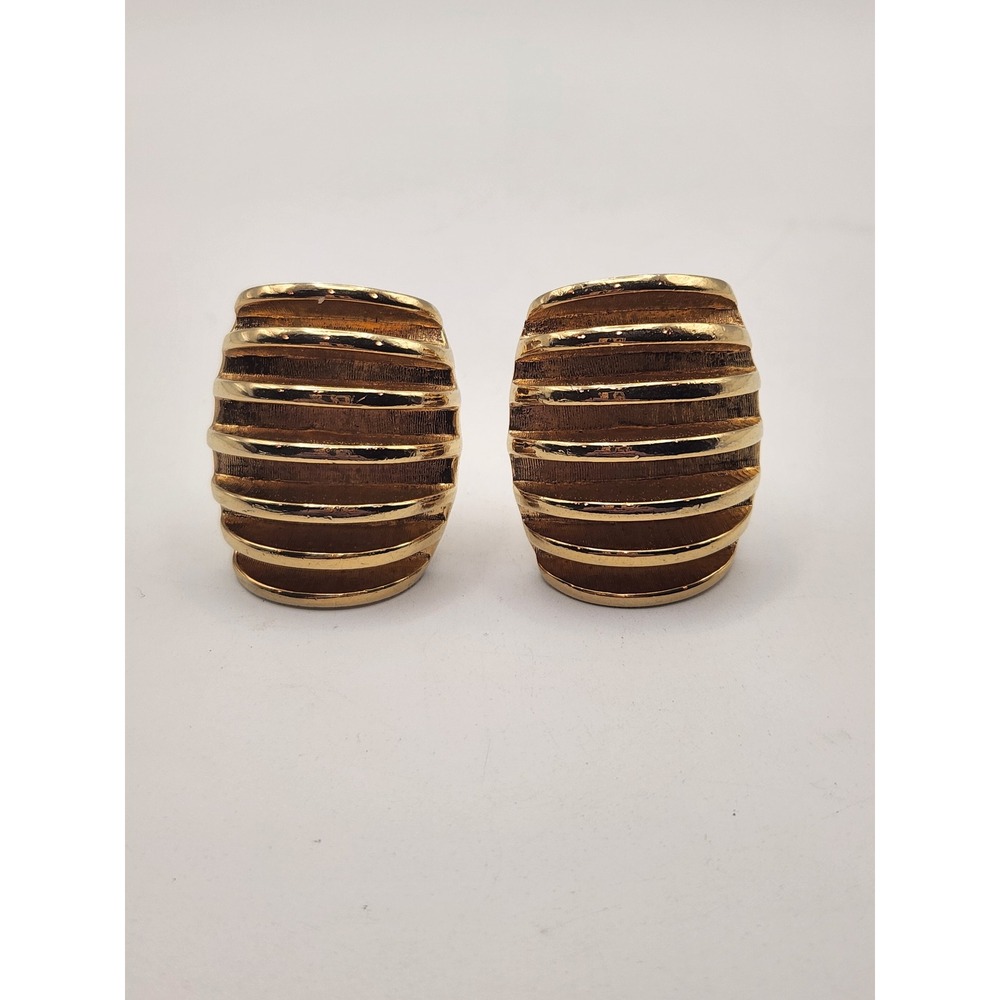 Givenchy Vintage Gold Tone Ribbed Tiered Clip On Earrings Paris New York 4G Logo